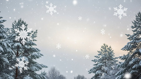 Large snowflakes drift down in a winter forest with snow-laden pine trees and a soft, hazy sky.の素材