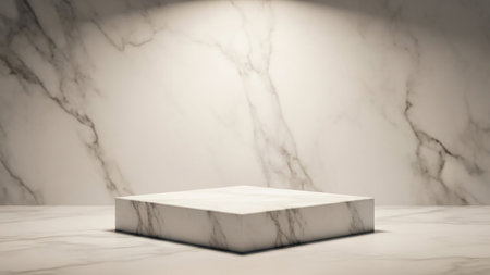 A square white marble pedestal sits on a marble surface against a marble wall, illuminated by a soft spotlight from...の素材