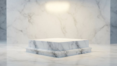 A square white marble pedestal with an ornate carved base sits on a marble surface, illuminated by a bright spotlight.の素材