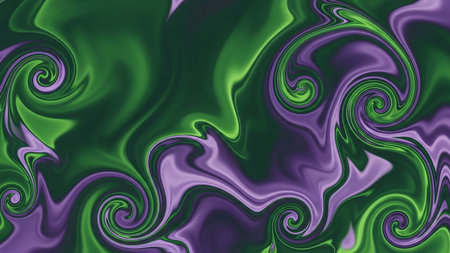 Mixing showing swirling abstract pattern of vibrant green and deep purple liquid paint mixing together in a fluid...の素材