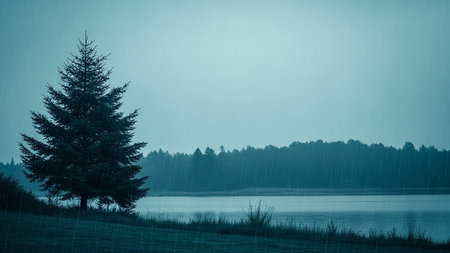 A solitary evergreen tree stands on a grassy shoreline as rain falls heavily over a calm, blue-toned lake.の素材