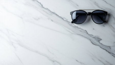 A pair of black sunglasses with dark lenses lies on a white marble surface with subtle gray veining, offering ample...の素材