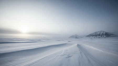 A vast, pale arctic landscape with undulating snow drifts and distant, hazy mountains under a soft, grey sky.の素材