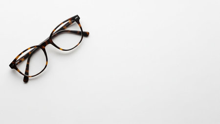 Tortoiseshell patterned eyeglasses are positioned in the upper left corner on a clean white background with ample...の素材