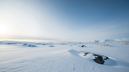 Ground showing vast arctic tundra landscape under a clear blue sky with snow covered ground and scattered rocks....の素材