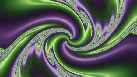 A dynamic abstract swirl of vibrant green and purple metallic liquid with a smooth, glossy texture.の素材
