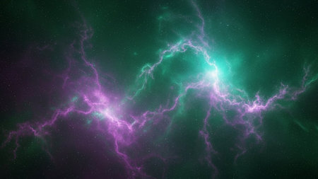 A vibrant cosmic nebula with swirling clouds of purple and green gas, illuminated by bright light and dotted with...の素材