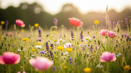 Hour showing vibrant wildflower meadow in golden hour sunlight with poppies daisies and lavender. resolution...の素材