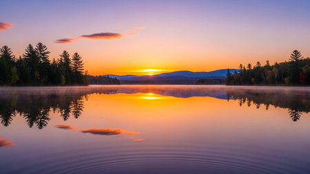 A tranquil lake reflects a vibrant sunrise sky and silhouetted pine trees, with gentle ripples disturbing the water.の素材