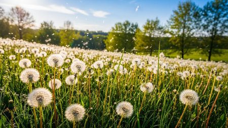 A sunlit field of fluffy white dandelions with seeds scattering in the wind under a bright blue sky and distant trees.の素材