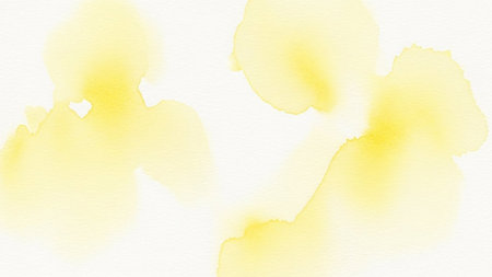 Abstract yellow watercolor paint splatters and washes create soft organic shapes with subtle gradients on a textured...の素材