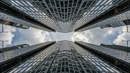 A symmetrical, abstract view looking up at towering glass skyscrapers with a cloudy sky filling the central space.の素材