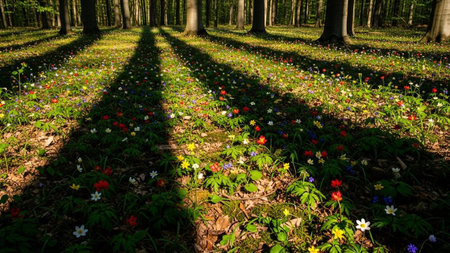 A sun-dappled forest floor is covered with colorful wildflowers, with long shadows cast by trees.の素材