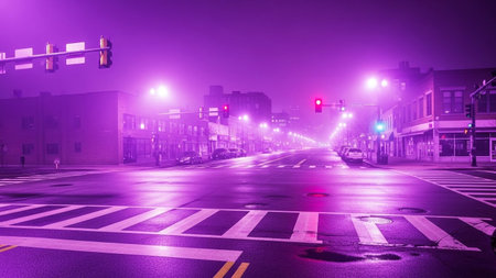 An empty urban street glows with vibrant purple neon lights and traffic signals, shrouded in atmospheric fog.の素材