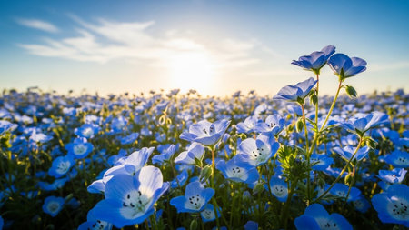 A field of bright blue flowers is illuminated by the warm golden light of the sun during golden hour.の素材