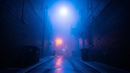 showing dark blue foggy alleyway with glowing neon sign and wet pavement reflecting streetlight.の素材