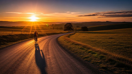 A lone cyclist rides on a winding dirt road through rolling green hills during a dramatic sunset with bright sun rays.の素材