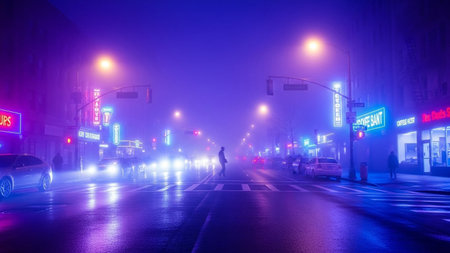 A lone figure crosses a wet city street illuminated by vibrant neon signs and car headlights on a foggy night.の素材