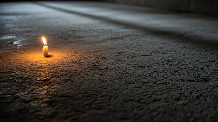 A single lit candle emits a warm orange glow on a dark textured concrete floor with dramatic light rays from a window.の素材