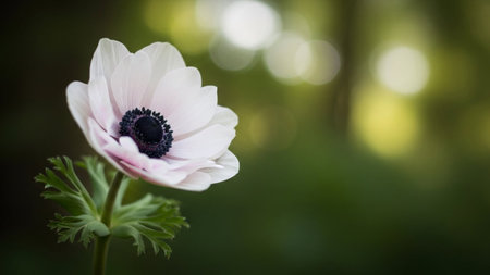 Bokeh showing delicate white anemone flower with a dark center and green leaves stands out against a soft green...の素材