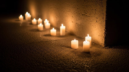 showing row of lit white candles casting warm golden light on a textured dark surface and wall keywords:...の素材