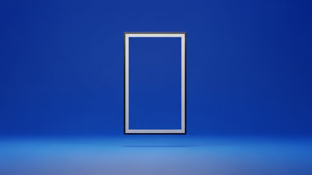 A vertical rectangular frame with a dark border and white matting is centered against a solid deep blue background.の素材