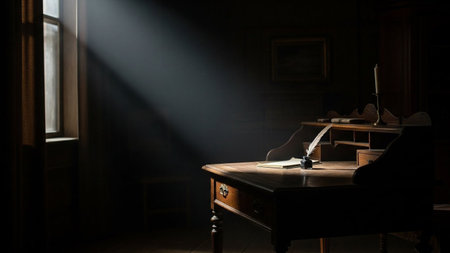 Candle showing old wooden desk with quill pen inkwell and candle in dimly lit room with sunbeam. resolution...の素材