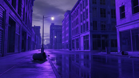 A dark, empty city street bathed in a purple hue with wet pavement reflecting streetlights and buildings.の素材