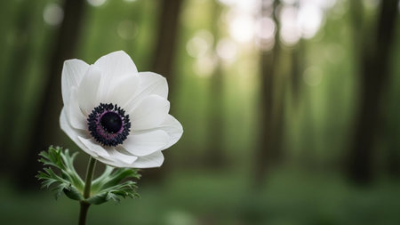 Flower showing single white anemone flower with dark purple center in a lush green forest setting. resolution...の素材