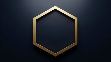 A minimalist golden hexagon frame is centered on a dark navy blue background, casting a subtle shadow.の素材