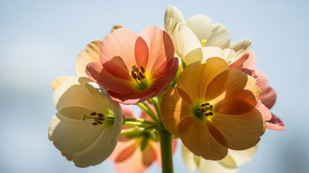 showing close-up macro shot of a cluster of delicate blooming primrose flowers in soft peach and orange hues...の素材