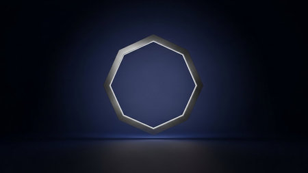 A sleek metallic octagonal frame with a bright white internal glow is centered against a dark blue gradient...の素材