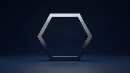 A metallic silver hexagonal frame is centered on a dark navy blue background with subtle studio lighting.の素材
