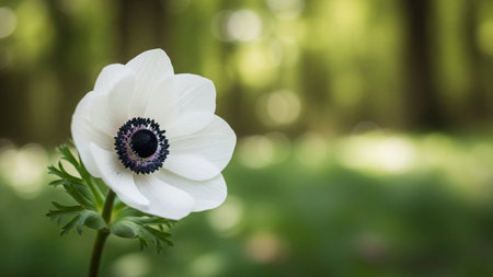Anemone showing delicate white anemone flower with a dark purple center, blooming in a soft focus green forest...の素材