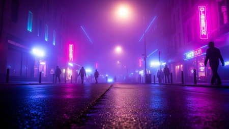 Urban showing wet city street at night with neon signs and glowing purple and blue lights reflecting on the wet...の素材