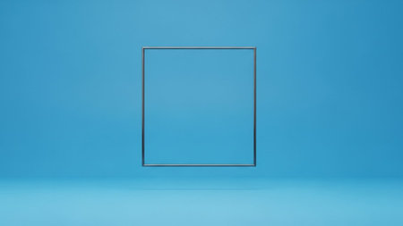 A thin metallic square frame floats in the center of a bright cyan blue background in this clean minimalist 3D render.の素材