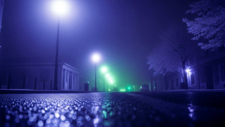 A low-angle view of a wet city street at night, illuminated by streetlights casting purple and green hues with...の素材