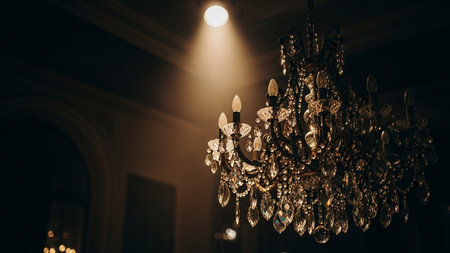An ornate crystal chandelier hangs in a dark room, its intricate details illuminated by a focused spotlight, casting...の素材