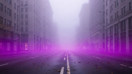 An empty city street is enveloped in thick purple fog, with tall buildings and wet asphalt reflecting the eerie light.の素材