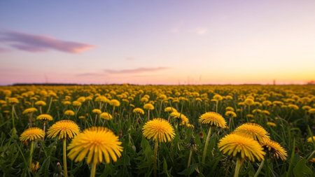A low angle view of a lush green field filled with bright yellow dandelions under a soft pastel gradient sunset sky.の素材