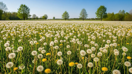 A wide field of fluffy white dandelion seed heads and yellow flowers under a blue sky.の素材