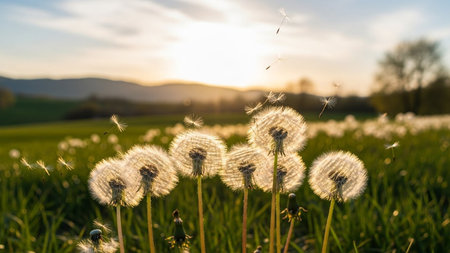 Fluffy dandelion seed heads are captured in motion, blowing in the wind during a golden hour sunset with a soft...の素材