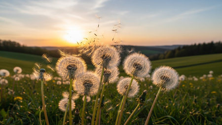 Fluffy dandelion seed heads are blowing in the wind at sunset in a green meadow....の素材
