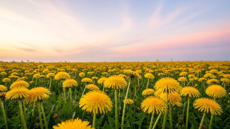 Yellow showing vast field of yellow dandelions under a pink and blue sunset sky. resolutionの素材