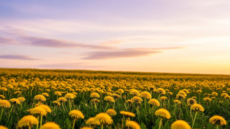 A wide field of vibrant yellow dandelions stretches towards a soft pastel sunset sky.の素材