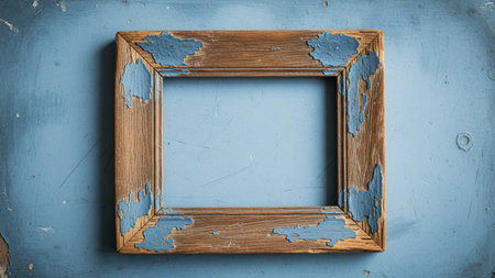 A weathered wooden frame with peeling blue paint sits on a textured blue surface....の素材