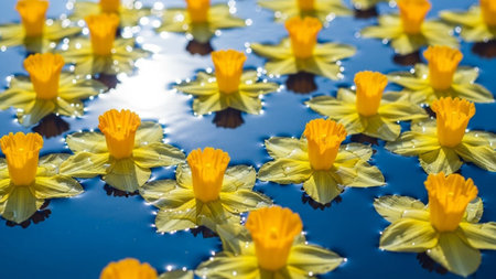 Water showing a close-up overhead view of many bright yellow daffodils floating on a deep blue water surface.の素材
