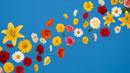 A vibrant assortment of colorful flowers including lilies roses poppies and daisies are scattered diagonally on blue.の素材