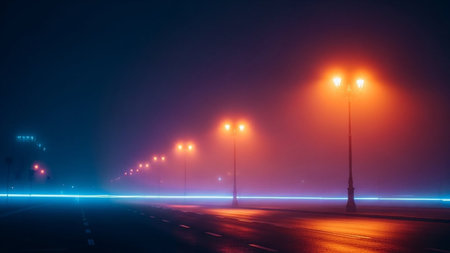 A foggy night scene with a row of glowing orange streetlights illuminating a wet road and a bright blue neon line.の素材