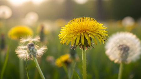 A bright yellow dandelion in sharp focus stands in a sunlit field, with blurred dandelions and green grass in the...の素材
